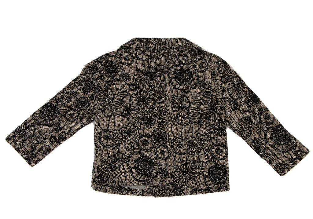 JUNKO SHIMADA JAPAN. Black, Beige Flower Printed Tweed Cropped Jacket