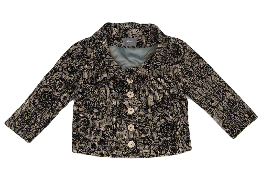 JUNKO SHIMADA JAPAN. Black, Beige Flower Printed Tweed Cropped Jacket