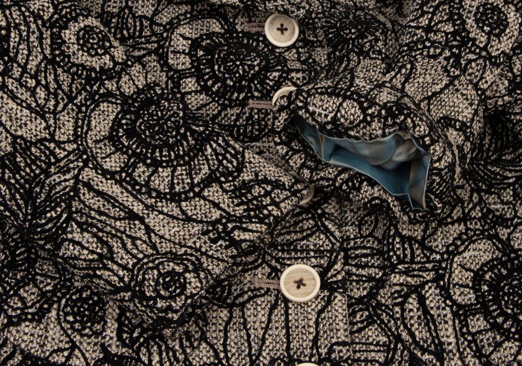 JUNKO SHIMADA JAPAN. Black, Beige Flower Printed Tweed Cropped Jacket