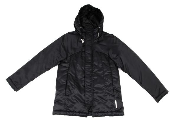 ISSEY MIYAKE JAPAN. FINAL HOME. Black Nylon Padded Back Layered Hooded Jacket