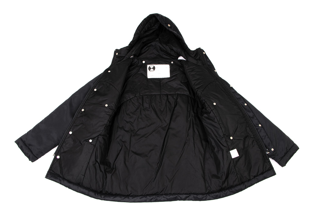 ISSEY MIYAKE JAPAN. FINAL HOME. Black Nylon Padded Back Layered Hooded Jacket