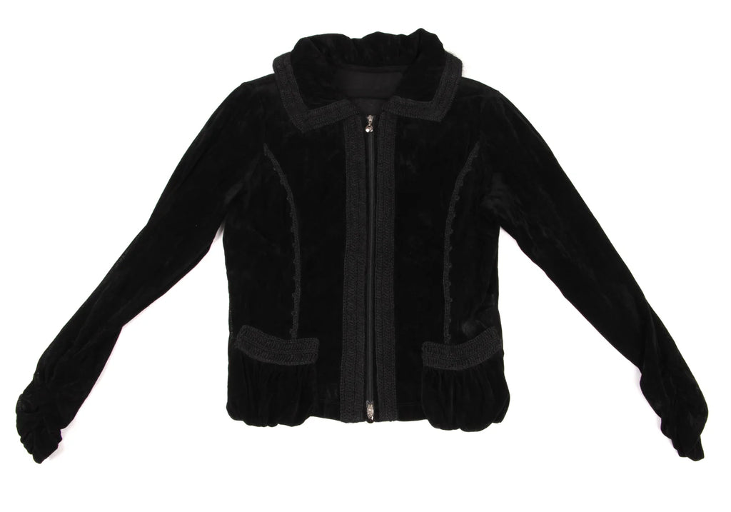 HIROKO KOSHINO HIROKO BIS JAPAN. Black Knit Taping Velour Zip Shirt Jacket