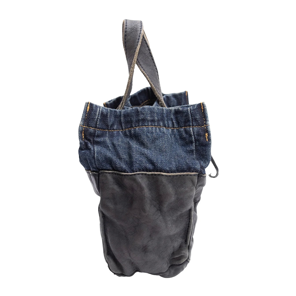 COMME des GARCONS JAPAN. TRICOT. Black Leather Indigo Switching Denim Washed Bag