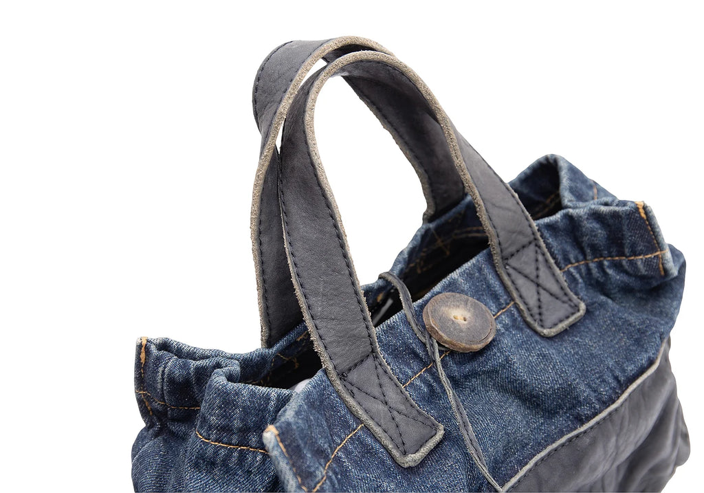 COMME des GARCONS JAPAN. TRICOT. Black Leather Indigo Switching Denim Washed Bag