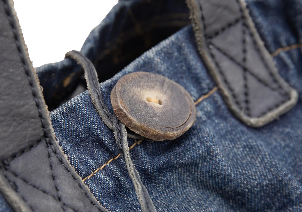 COMME des GARCONS JAPAN. TRICOT. Black Leather Indigo Switching Denim Washed Bag