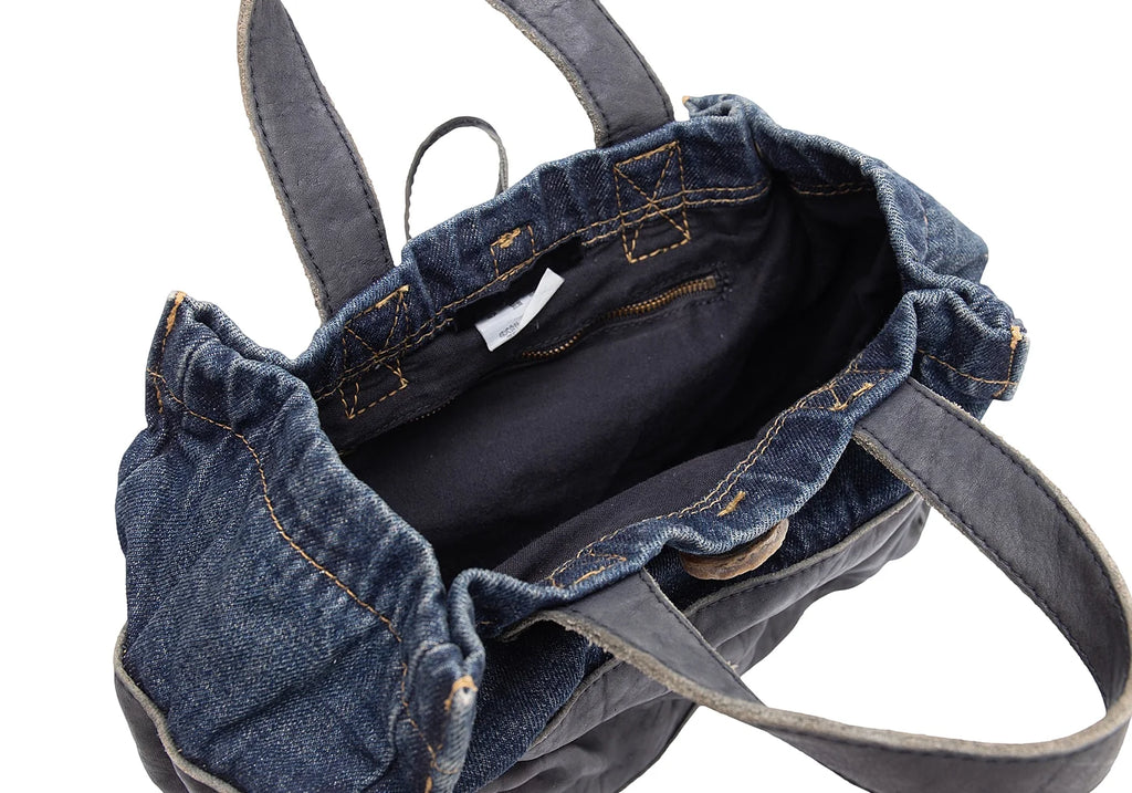 COMME des GARCONS JAPAN. TRICOT. Black Leather Indigo Switching Denim Washed Bag