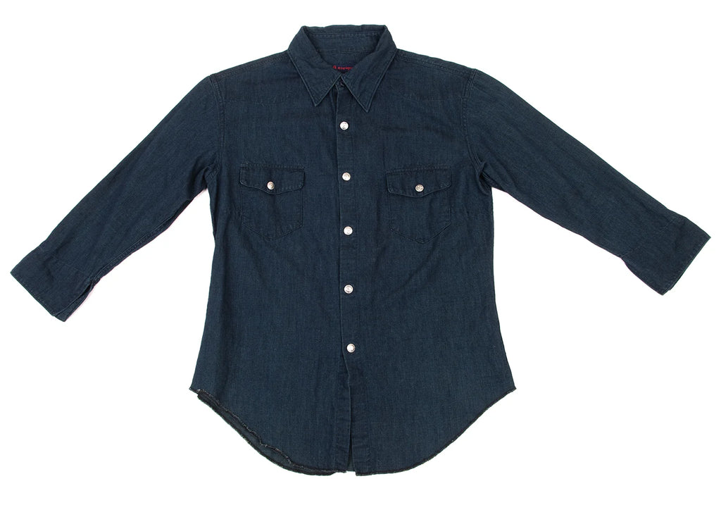 R by 45rpm JAPAN. Indigo Dyed Metallic Button 3/4 Sleeve Blouse