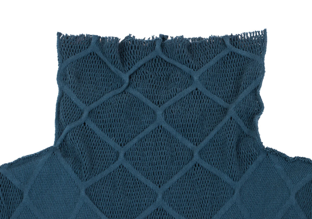 ISSEY MIYAKE JAPAN. Navy Mesh Switching Check Hight-neck Short Sleeve Top