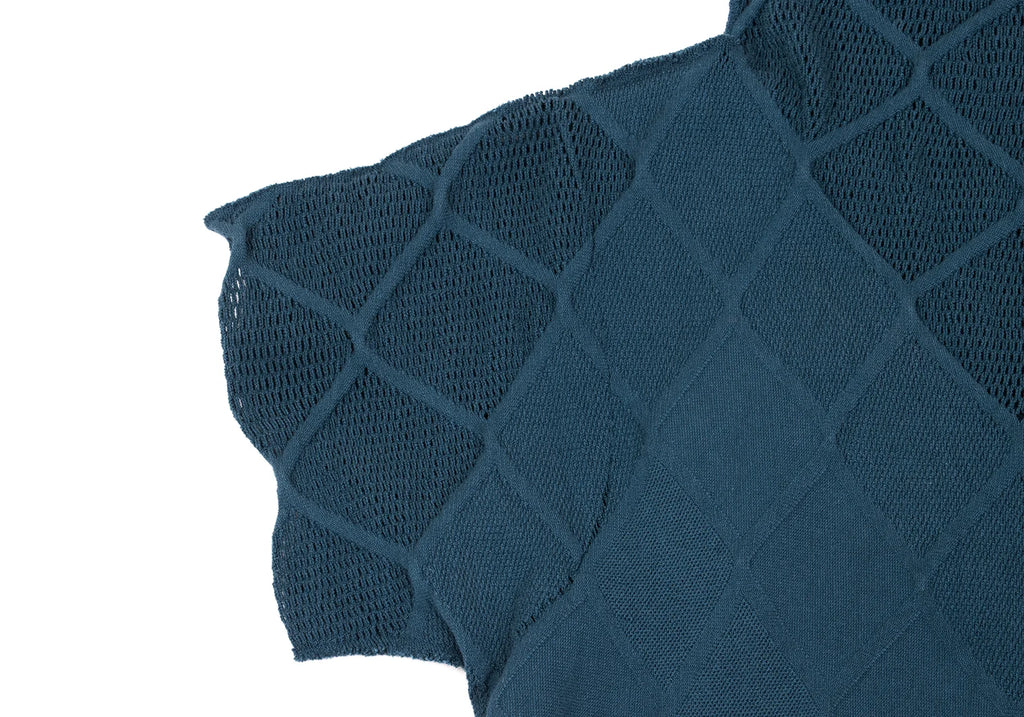 ISSEY MIYAKE JAPAN. Navy Mesh Switching Check Hight-neck Short Sleeve Top