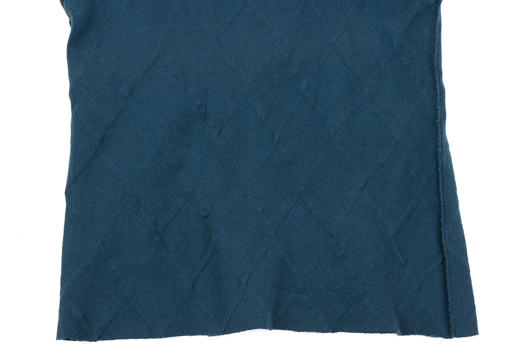 ISSEY MIYAKE JAPAN. Navy Mesh Switching Check Hight-neck Short Sleeve Top
