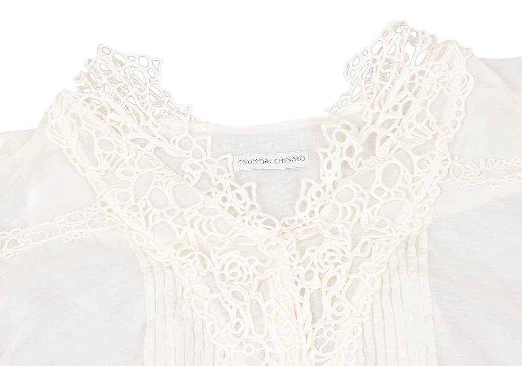 TSUMORI CHISATO JAPAN. White Cotton Silk Lace Switching Top White