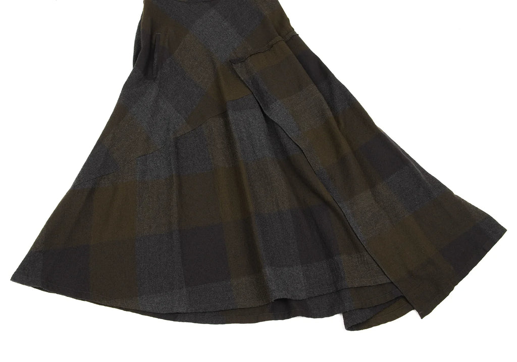 Yohji Yamamoto Japan. NOIR Charcoal, Khaki Block Plaid Check Switching Design Skirt