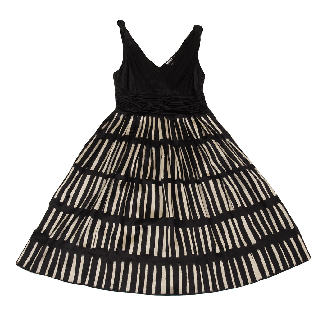 DONNA KARAN NY. DKNY. Black, Beige Silk Blend Waist Gather Switching Sleeveless Dress