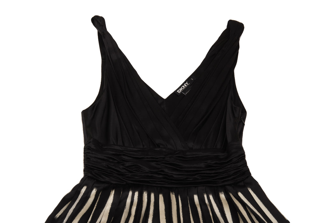 DONNA KARAN NY. DKNY. Black, Beige Silk Blend Waist Gather Switching Sleeveless Dress