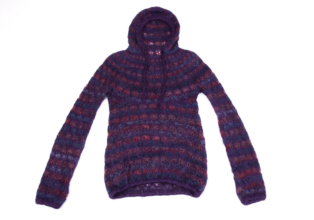 COMME des GARCONS JAPAN. JUNYA WATANABE. Openwork Purple Stripe Knit Hoodie