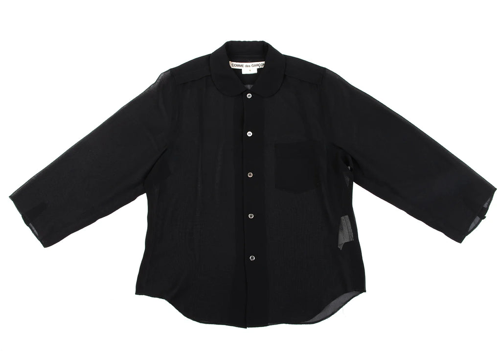 COMME des GARCONS JAPAN. Black Poly Round Collar Semi-Sheer Shirt