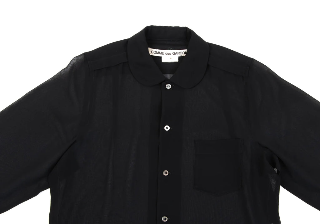 COMME des GARCONS JAPAN. Black Poly Round Collar Semi-Sheer Shirt