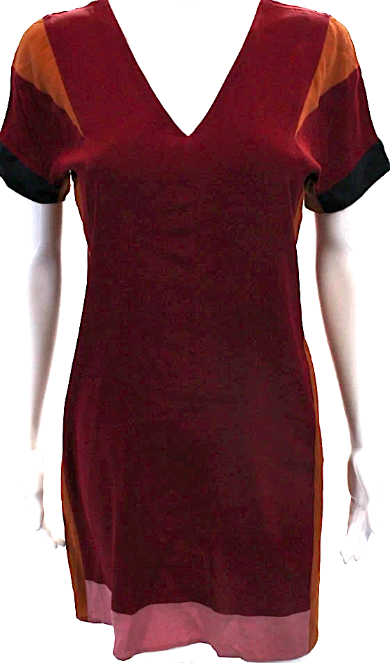 Miu Miu Italy. Red, Pink Silk Short Sleeve V Neck Silk Colorblock Dress