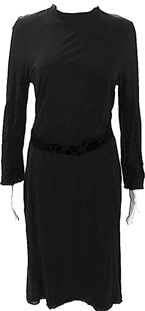 Lanvin Paris. Black Round Neck Long Sleeves Belted Mini Dress
