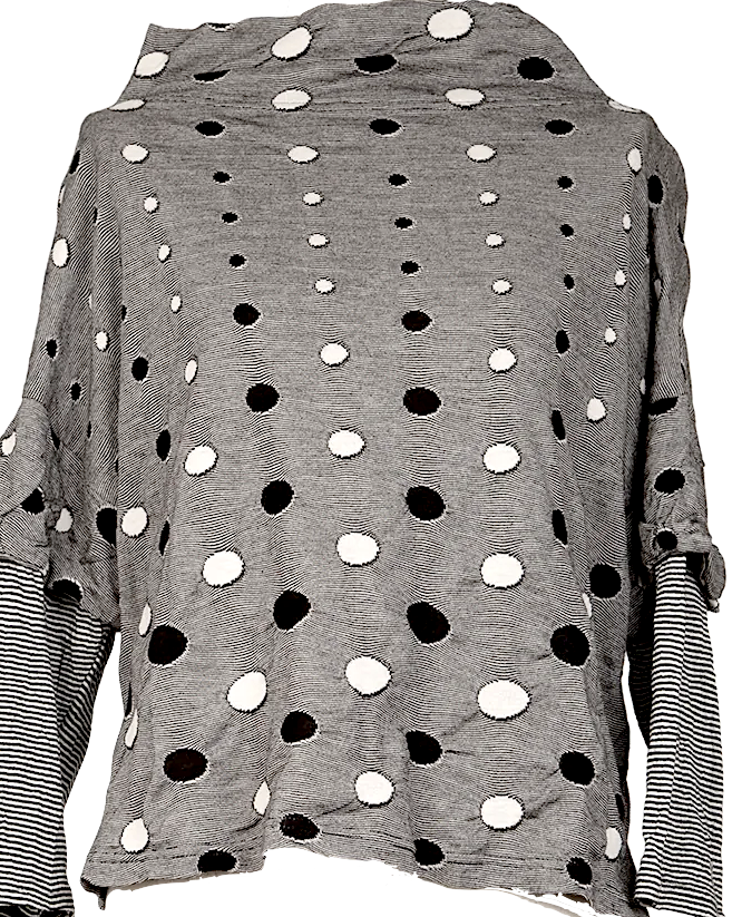SENSOUNICO JAPAN. Black/White Cotton Dot Weave Sleeve Switching Shirt