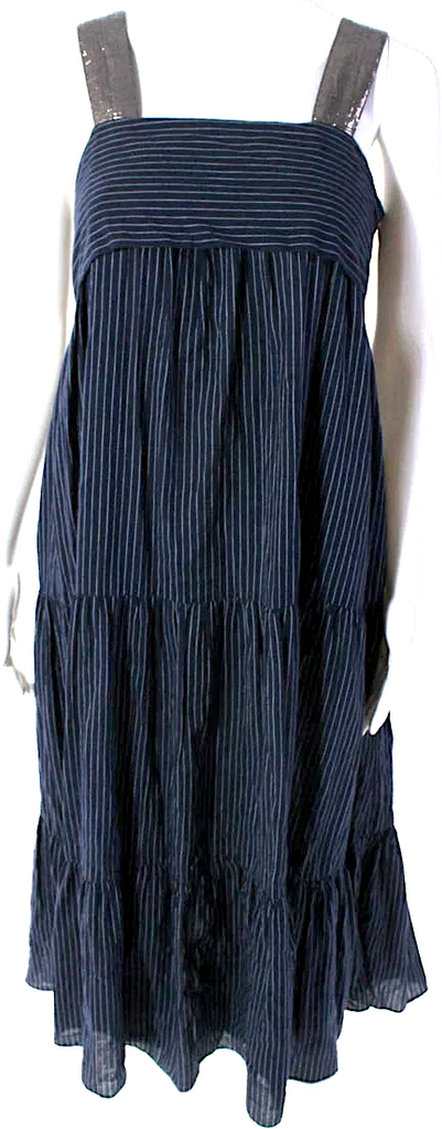 Ulla Johnson NY. Striped Sleeveless Metallic Straps Blue Tie Dress