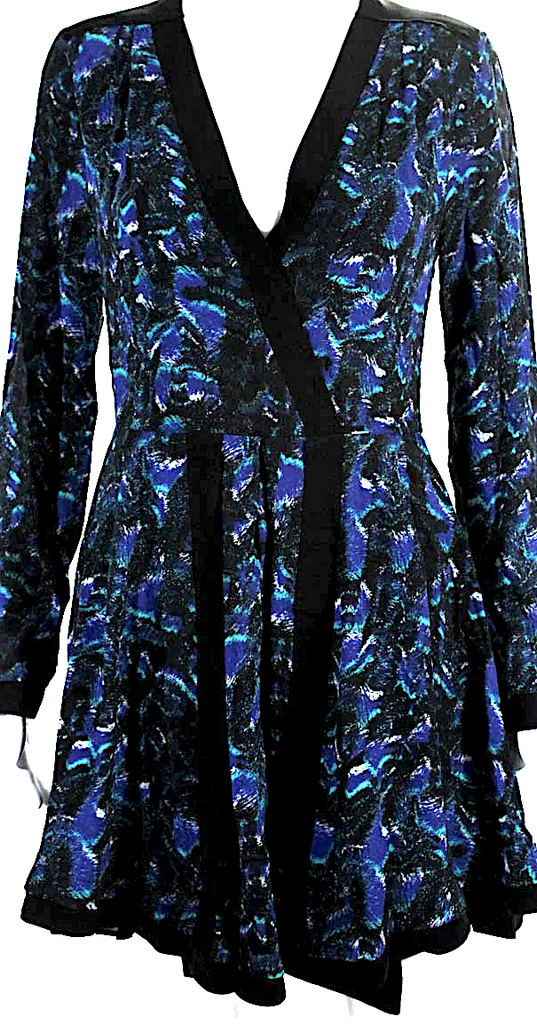 Proenza Schouler NY. Blue, Multi Color Long Sleeve V Neck Abstract Silk Dress