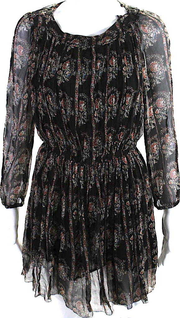 Isabel Marant Etoile Paris. Black Silk Floral Long Mesh Sleeved Dress