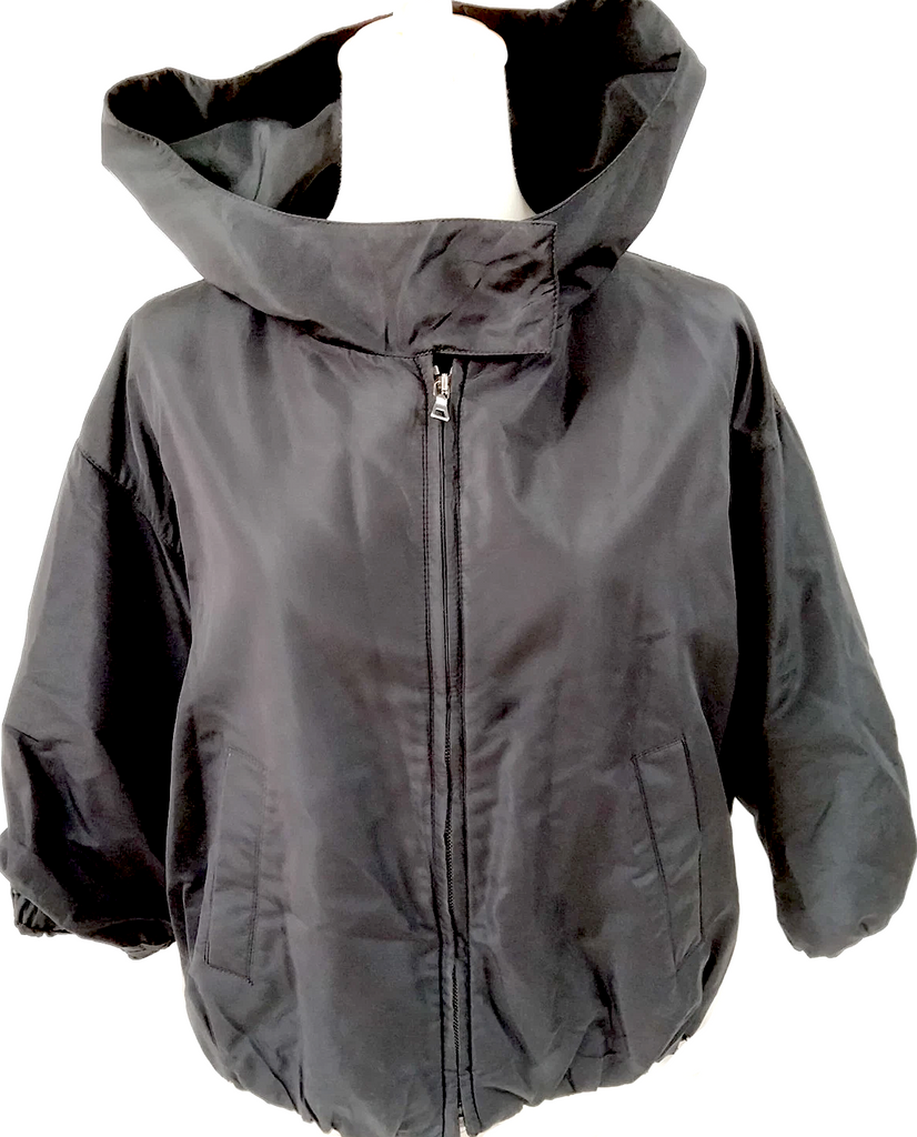 Prada Italy. Black Silk, PolyTech Nylon Hooded Cropped Jacket