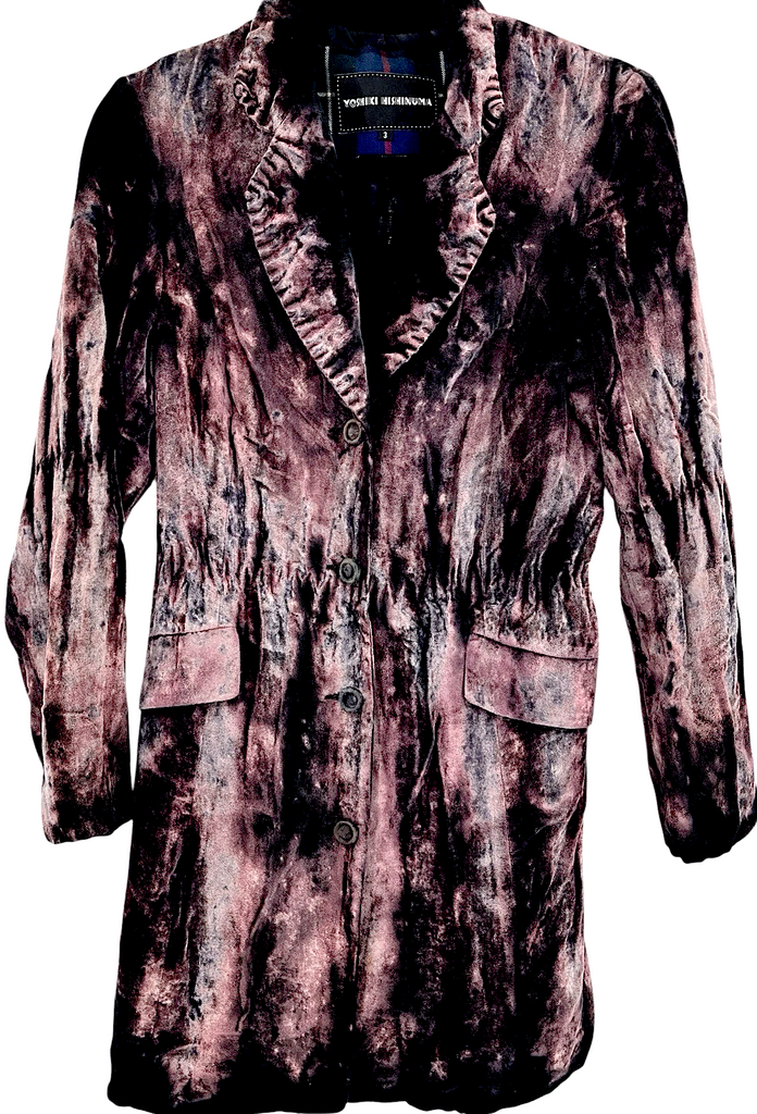 YOSHIKI HISHINUMA JAPAN. Eggplant Abstract Print Crushed Velvet Button Front Coat