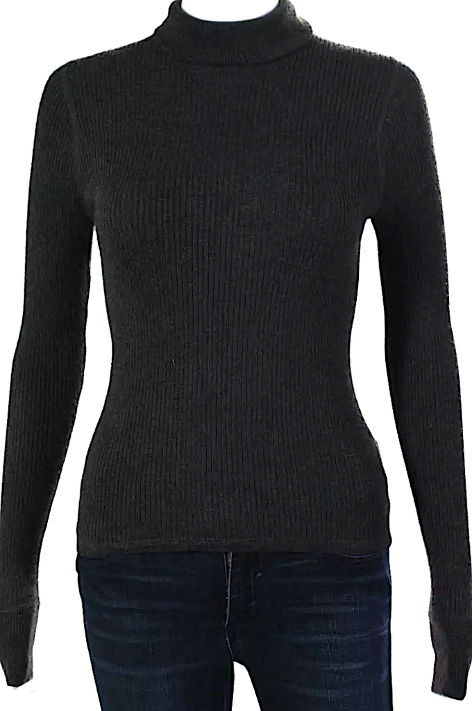 Prada Italy. Dark Gray Long Sleeve Cashmere Ribbed Knit Turtleneck Sweater