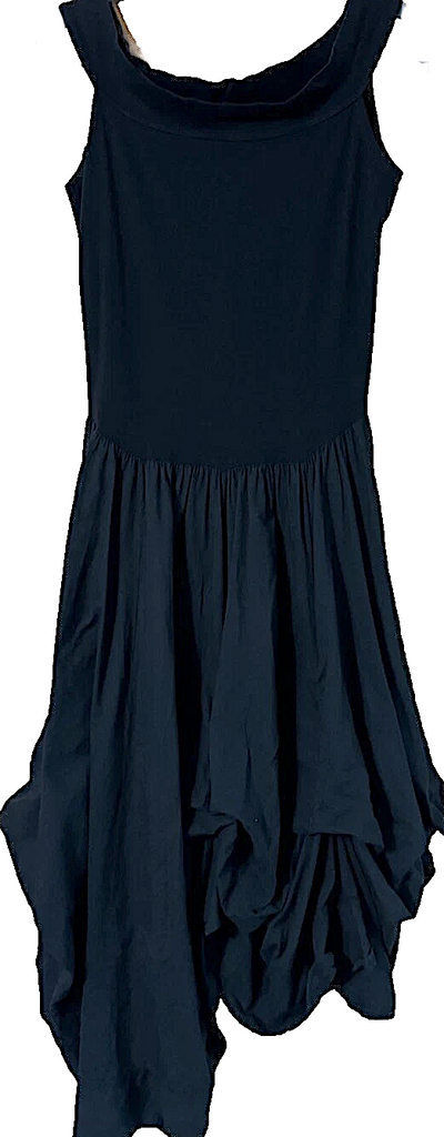 Luna Luz Ibiza/NYC. Black Asymmetric Linen Lagenlock Midi Dress