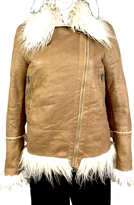Diesel. Honey Brown Color Leather Faux Fur Boho Chic 70's Inspired Jacket