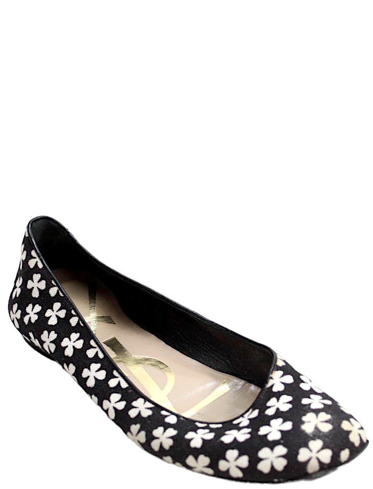 Saint Laurent Paris. Black White Clover Print Slide On Ballet Flats SZ: 38.5