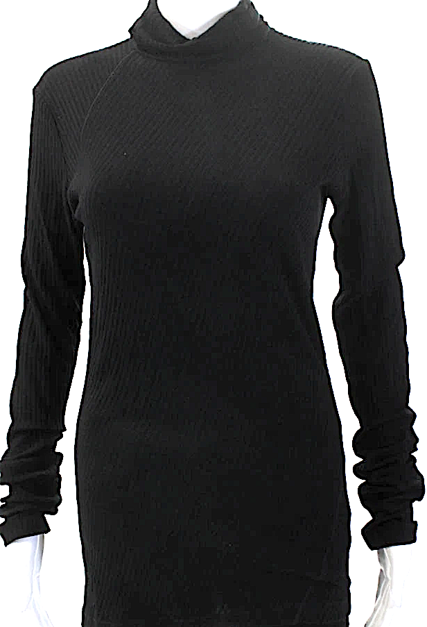 Helmut Lang NYC. Black Cotton Mock Neck Striped Long Sleeve Top