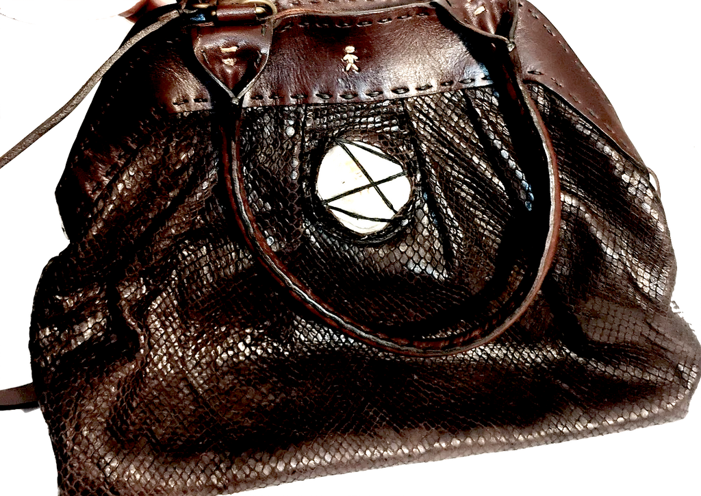Henry Beguelin Paris. Vintage Handmade Distressed Leather / Snake Embossed Detail Shoulder Leather Bag