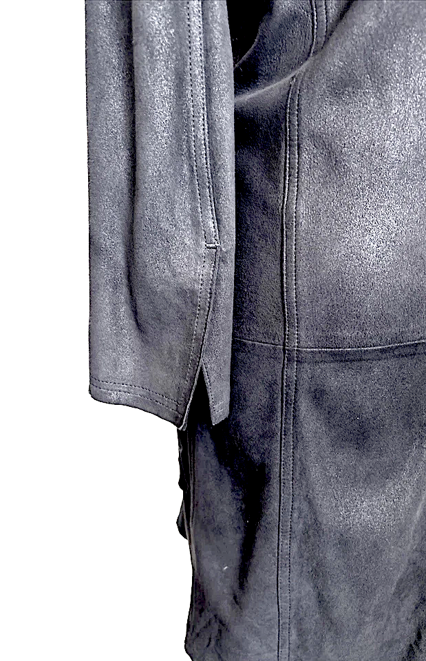 Ann Demeulemeester Belgium. Black Collarless Leather Suede, Rayon Lined Coat