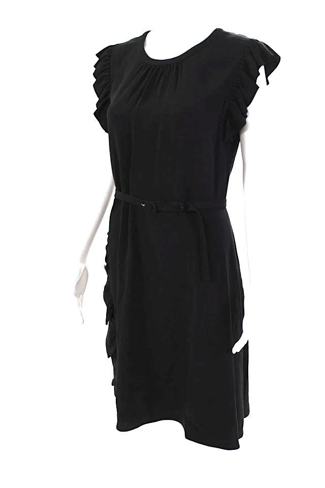 Prada Italy. Black Acetate Sleeveless Ruffled Round Neck Knee Length Dress