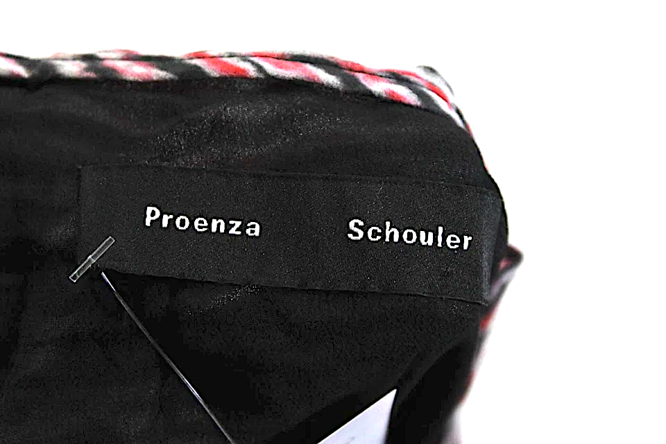 Proenza Schouler NY. Grey, Red Printed Silk Short Sleeve Crew Neck Dress