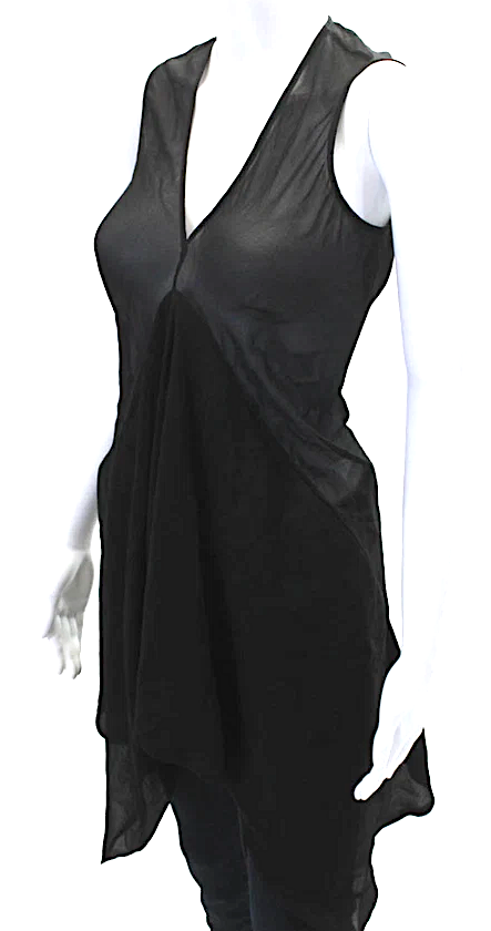 Rick Owens Paris. Black Semi-Sheer Silk Draped Sleeveless V Neck Top