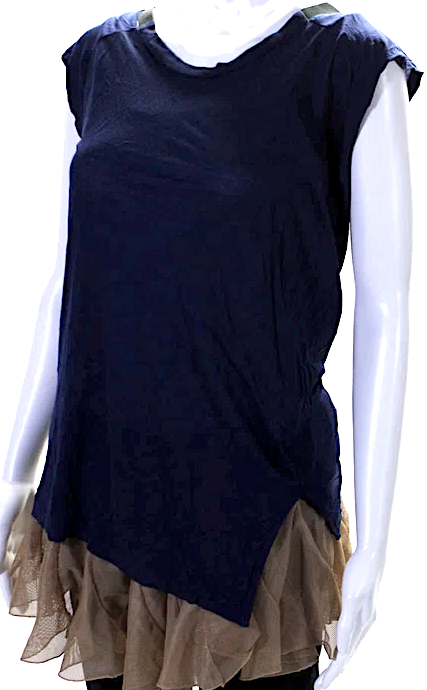 Toga Pulla Archives Japan. Blue/Beige Off Shoulder Mesh Trim Blouse