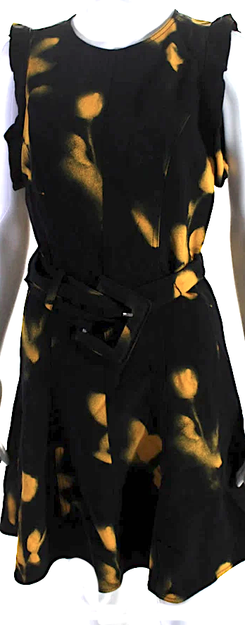 Proenza Schouler NY. Black, Yellow, Belted Spotted A Line Dress