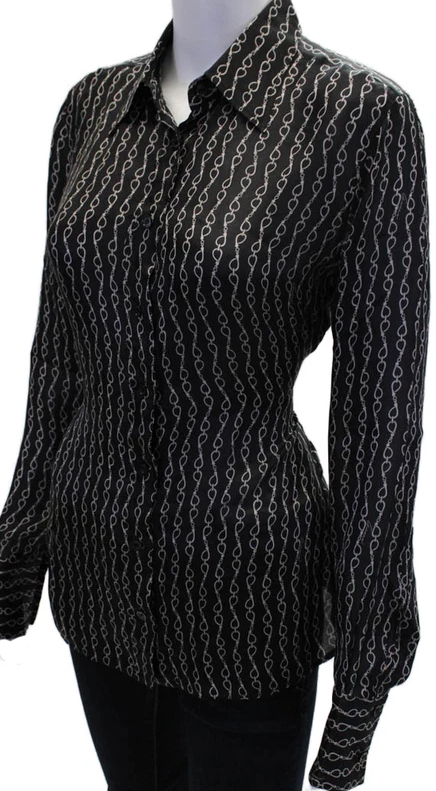 GUCCI ITALY. Black/Grey Silk Horsebit Print Button Down Blouse