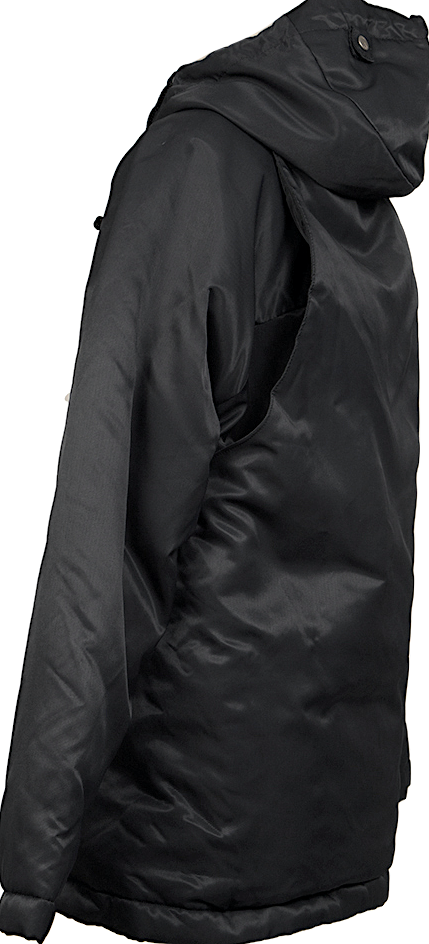 ISSEY MIYAKE JAPAN. FINAL HOME. Black Nylon Padded Back Layered Hooded Jacket