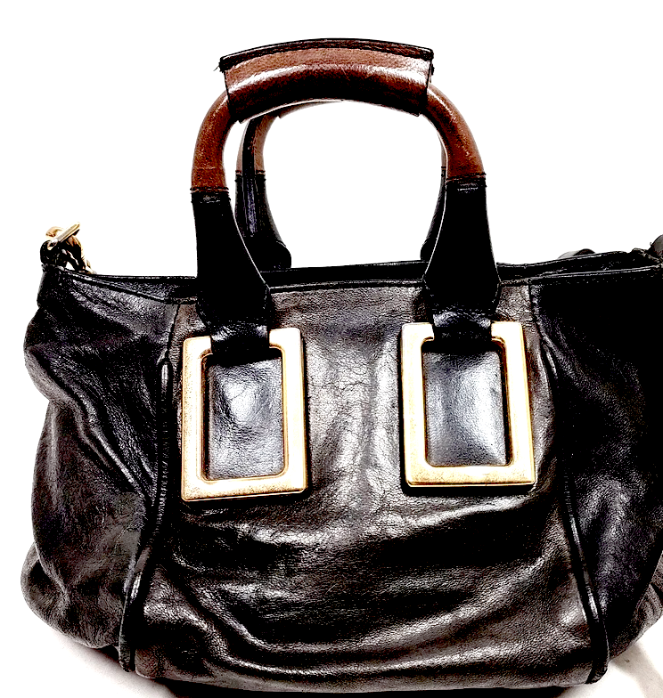 Chloe Paris. Phoebe Philo Designer. Black Leather, Brown Leather Handles MINI Shoulder Bag / Crossbody Bag