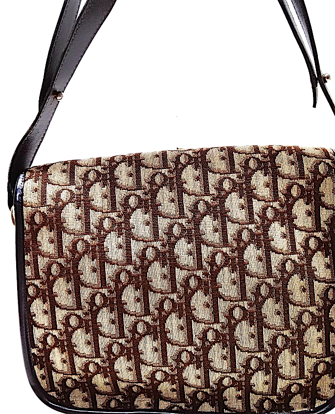 Christian Dior Paris. Brown Canvas and Leather Logo Shoulder Bag