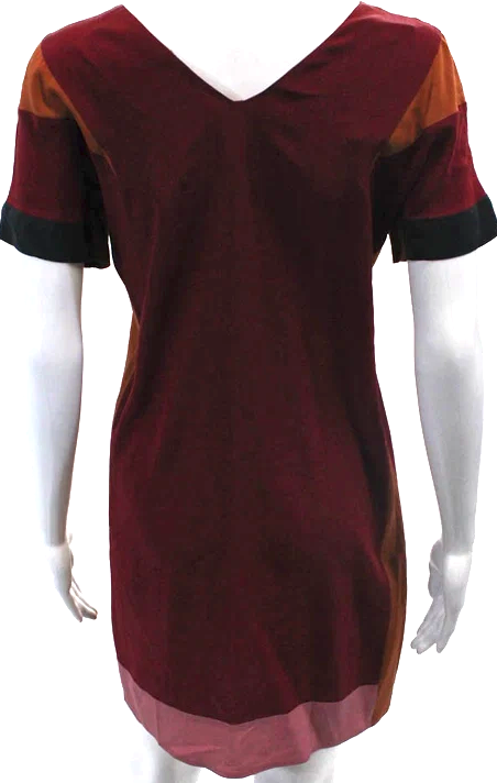 Miu Miu Italy. Red, Pink Silk Short Sleeve V Neck Silk Colorblock Dress