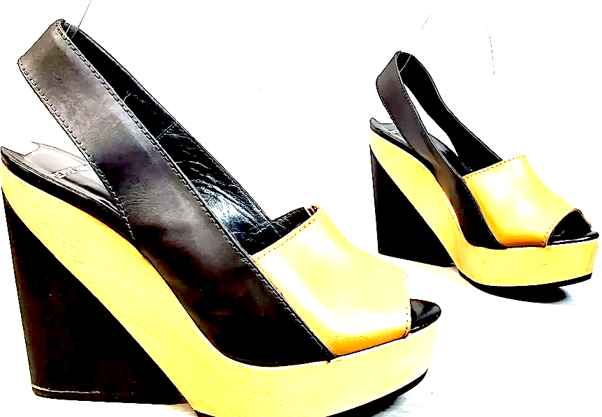 Pierre Hardy Paris. (Hermes Shoe Designer) Platform Wedge Peep Toe Slingback Wood Black Leather Heals Size 38