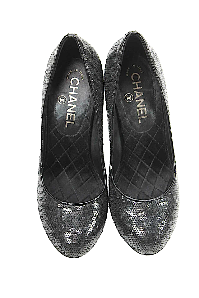 Chanel PARIS. Black/Silver Sequins Embellished Platform Heels Pumps Size 38FR