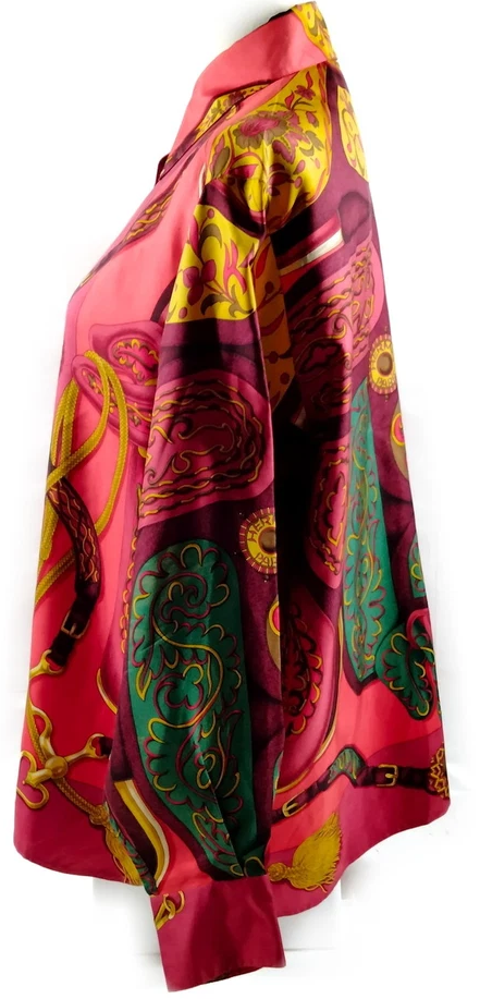 Hermes Paris. Vintage Silk Burgundy Scarf Print Button Top