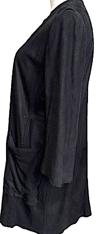 Ann Demeulemeester Belgium. Black Collarless Leather Suede, Rayon Lined Coat